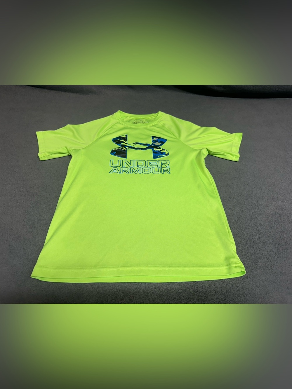 Under Armour Neon Lime Tee with Blue Camo Logo